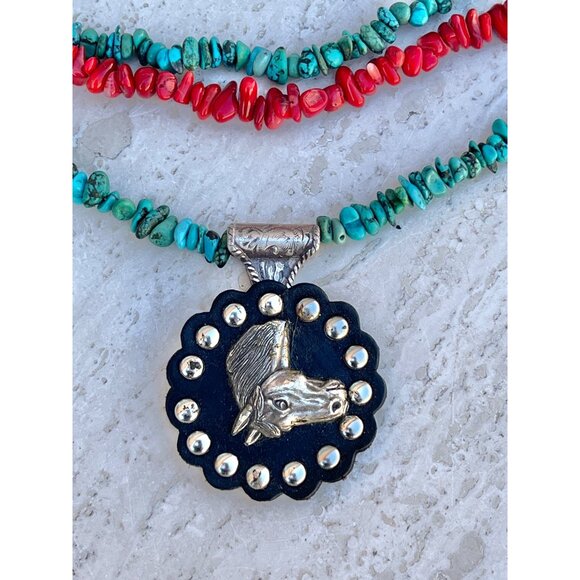 Turquoise & Vintage Coral Beaded Necklace Trigg Leather Horse Equestrian pendant - Picture 3 of 12